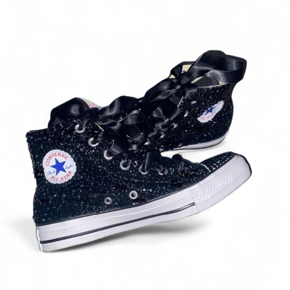 Jet Black Crystal High Top Converse Sizes 5-14 New In Box With Ribbon Laces - Picture 1 of 12